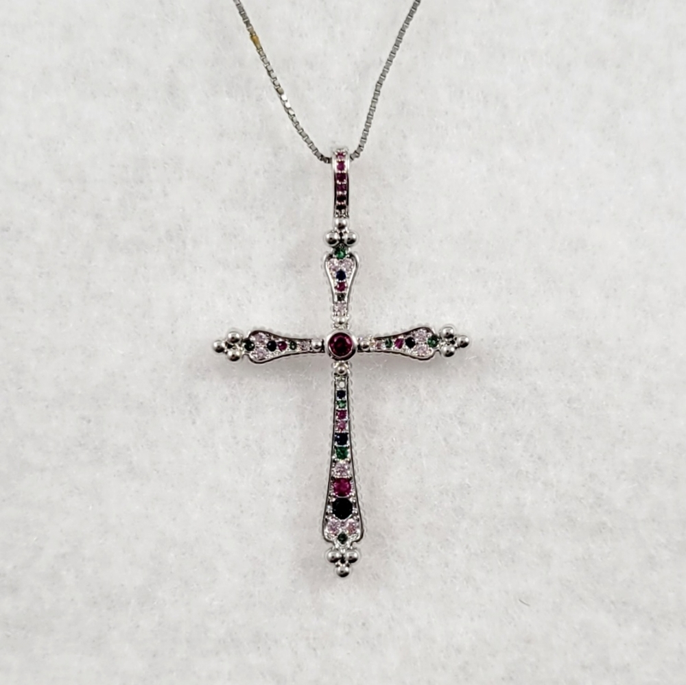 Sterling Silver Cross Pendant Necklace with Pink and Green Stones